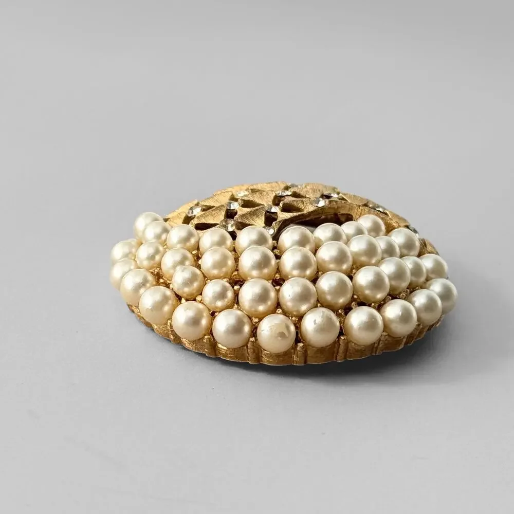 VTG 60s Crown Trifari Pearl Brooch Faux Pearl Rhinestone Signed Giant Swirl